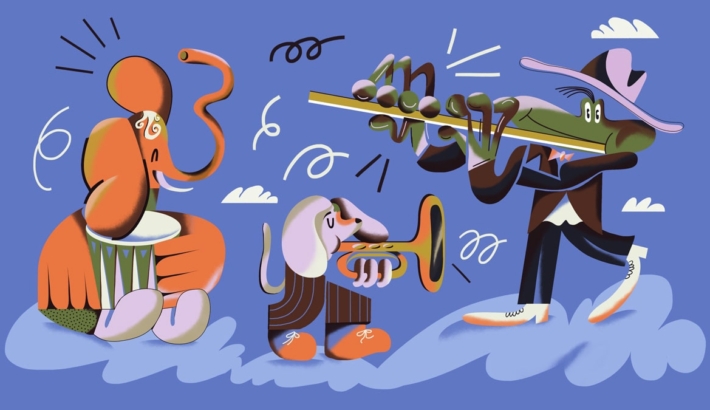 śmieszne zwierzątka grają na instrumentach: na trąbce, flecie i bębnie