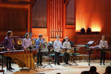 zdjęcie młodych muzyków na estradzie filharmonii grających na różnych instrumentach perkusyjnych